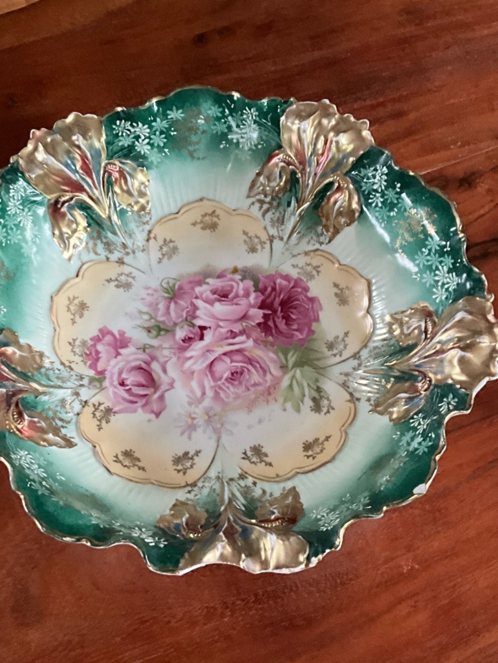 Antique R.S. Prussia Floral Porcelain Bowl Pink Roses Green Gold